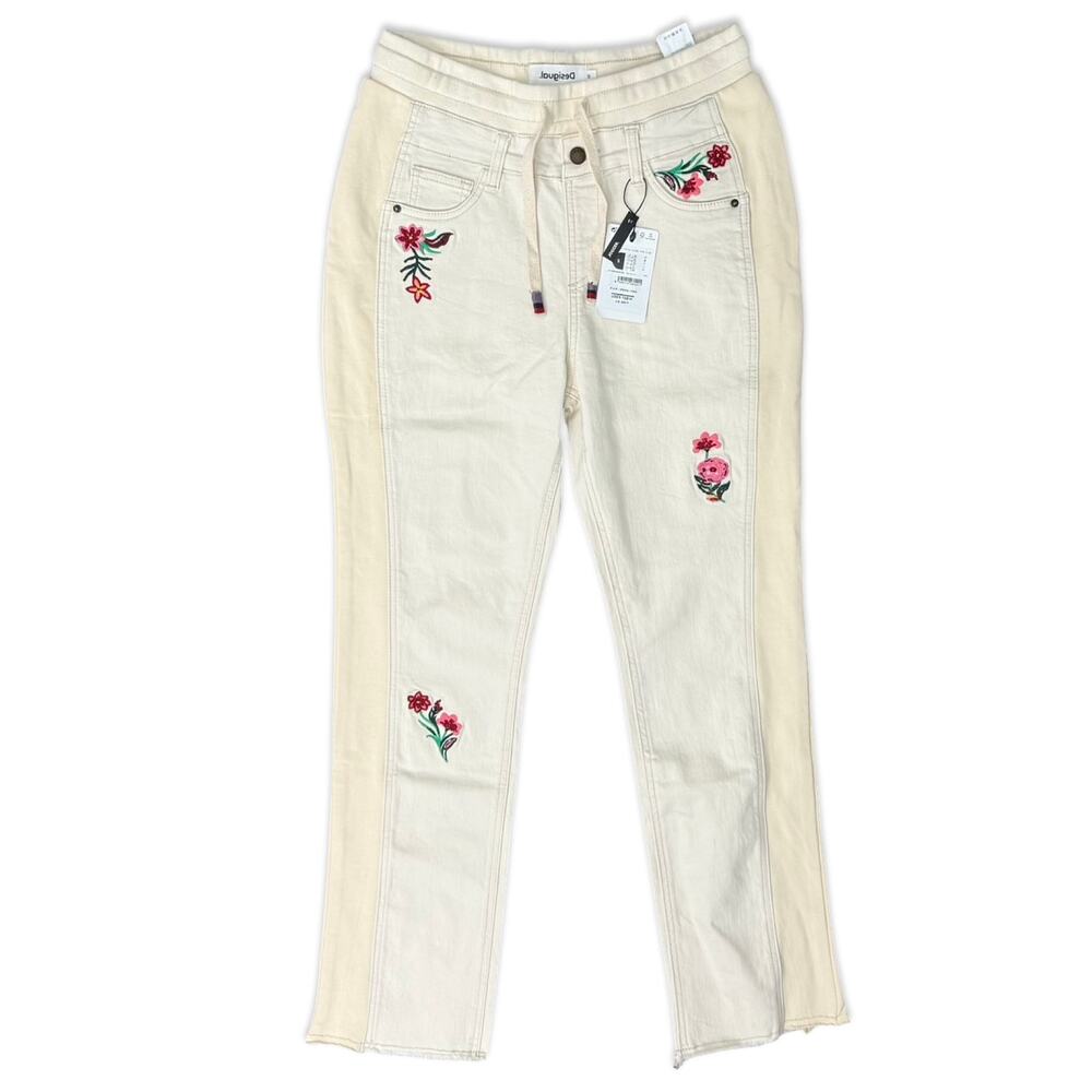 Desigual Cream Ecru Floral Embroidered Jogger Lita Raw Hem Jeans size S NEW Tags - Picture 2 of 12